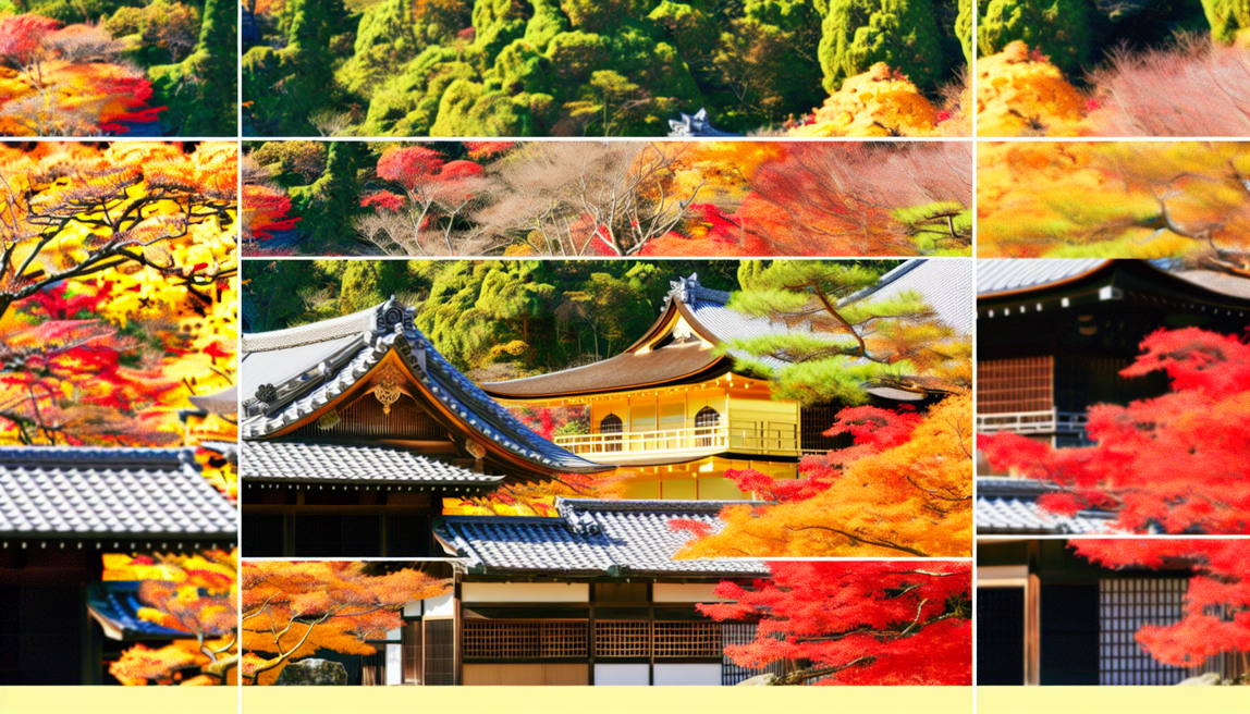 alt_text: A serene autumn scene in Kyoto showcasing vibrant foliage, iconic landmarks, and tranquil beauty.