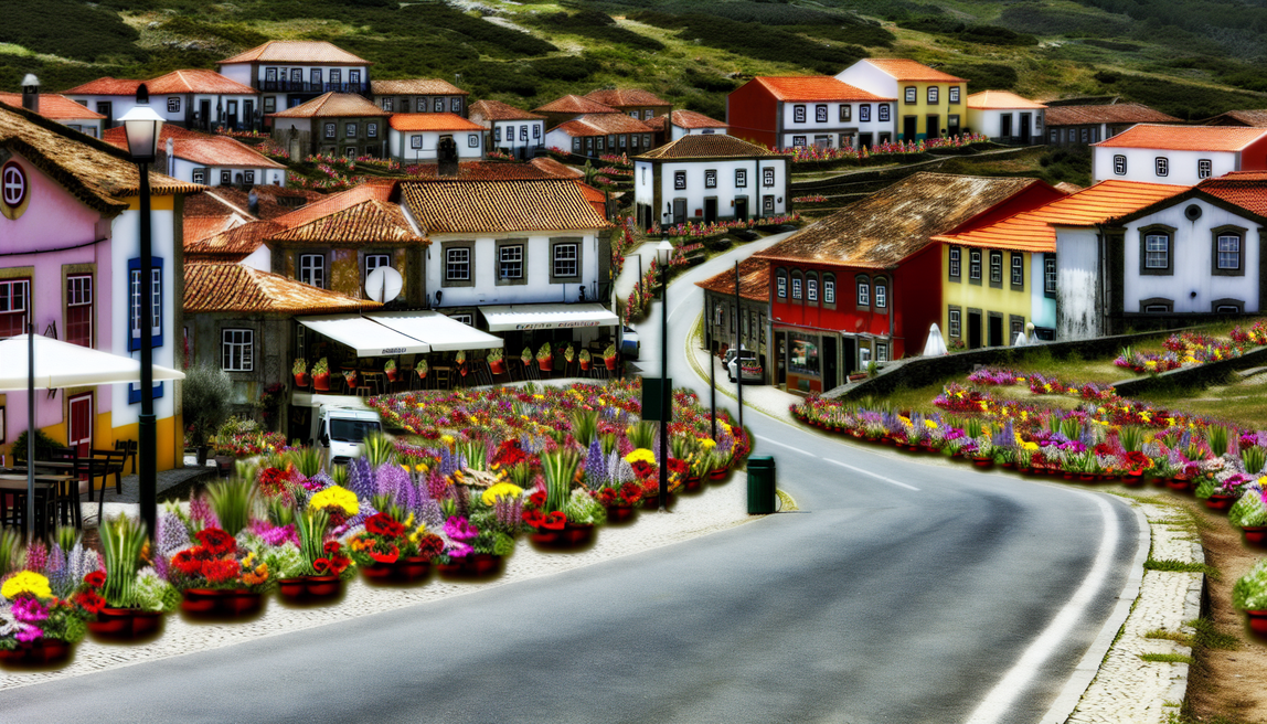 alt_text: Winding road with flowers leads to a charming Portuguese village, showcasing local cuisine and landmarks.