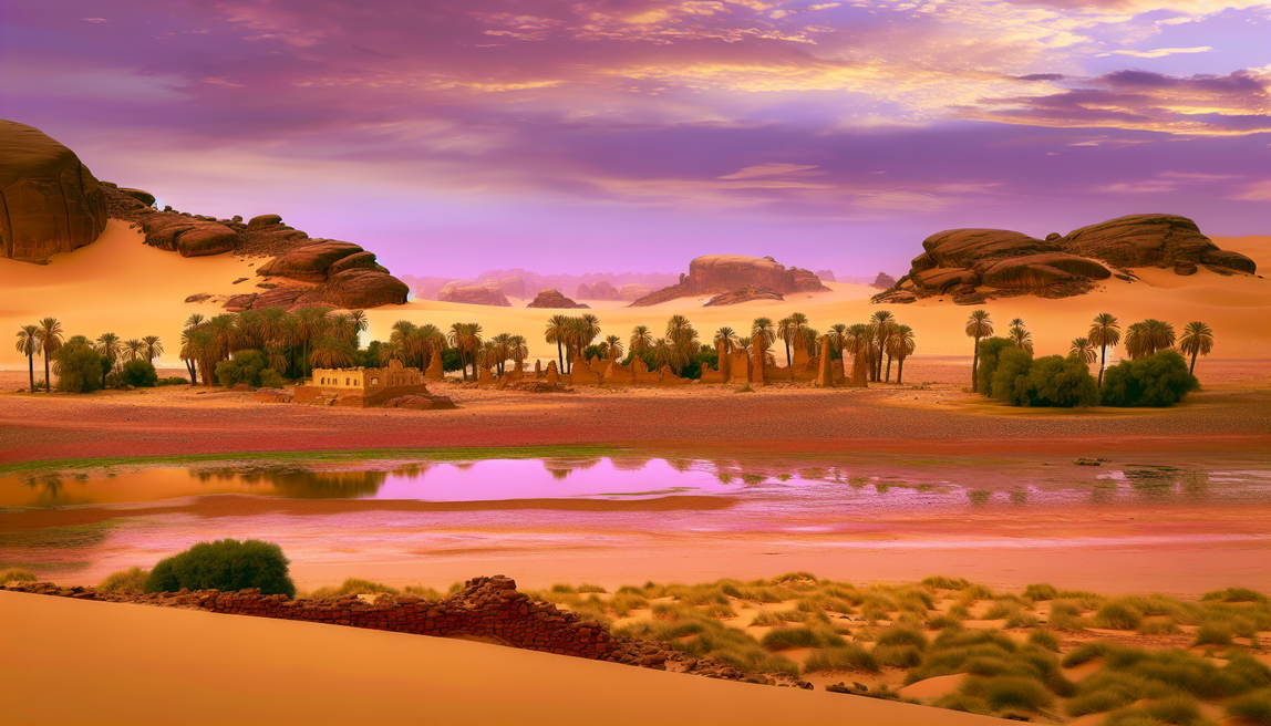 alt_text: "A captivating view of AlUla's stunning desert, oases, and ancient treasures at sunset."