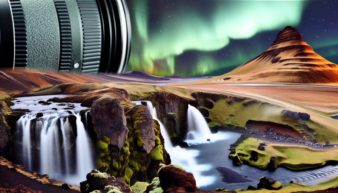 alt_text: A stunning Icelandic landscape with waterfalls, volcanic terrain, and the Northern Lights overhead.